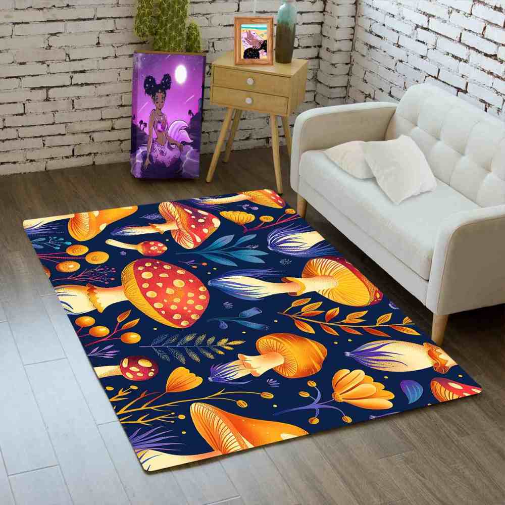 Cute Autumn Mushroom Kids Playroom Rug Navy Nursery Mat | CozyLil