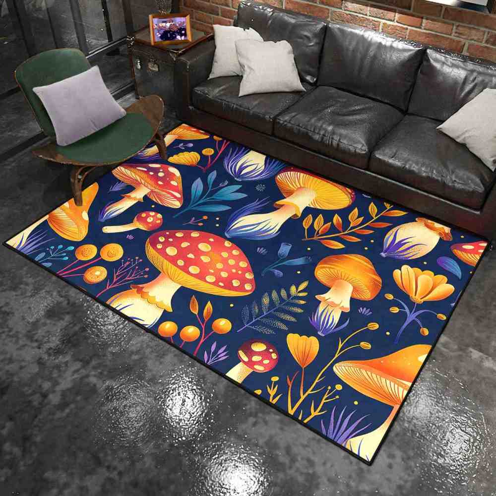Cute Autumn Mushroom Kids Playroom Rug Navy Nursery Mat | CozyLil