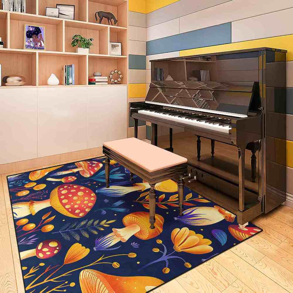 Cute Autumn Mushroom Kids Playroom Rug Navy Nursery Mat | CozyLil