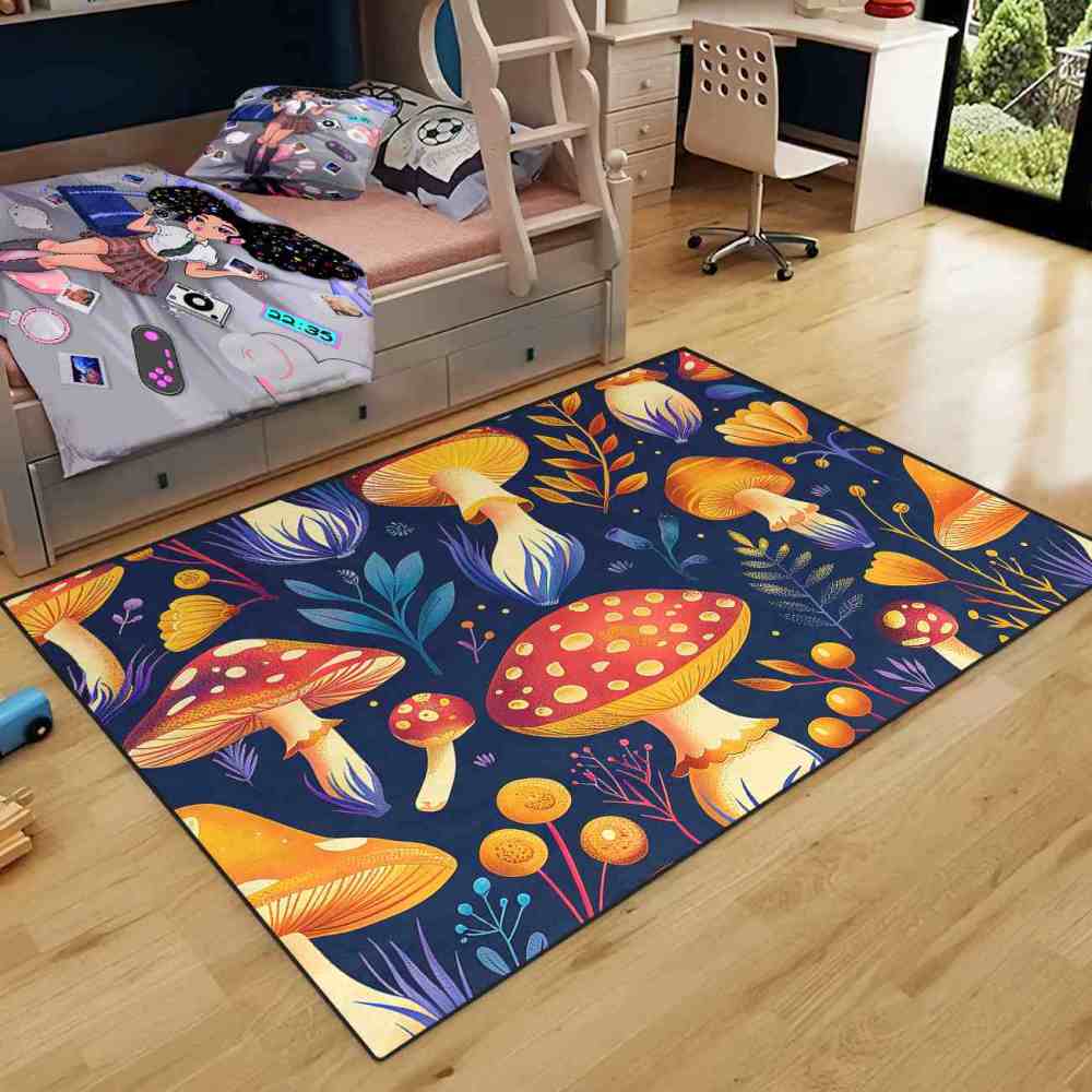 Cute Autumn Mushroom Kids Playroom Rug Navy Nursery Mat | CozyLil