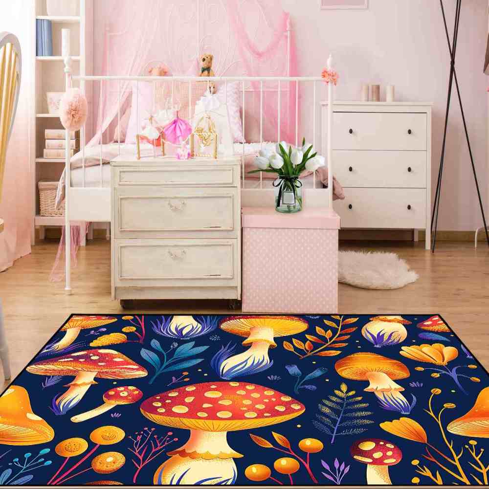 Cute Autumn Mushroom Kids Playroom Rug Navy Nursery Mat | CozyLil