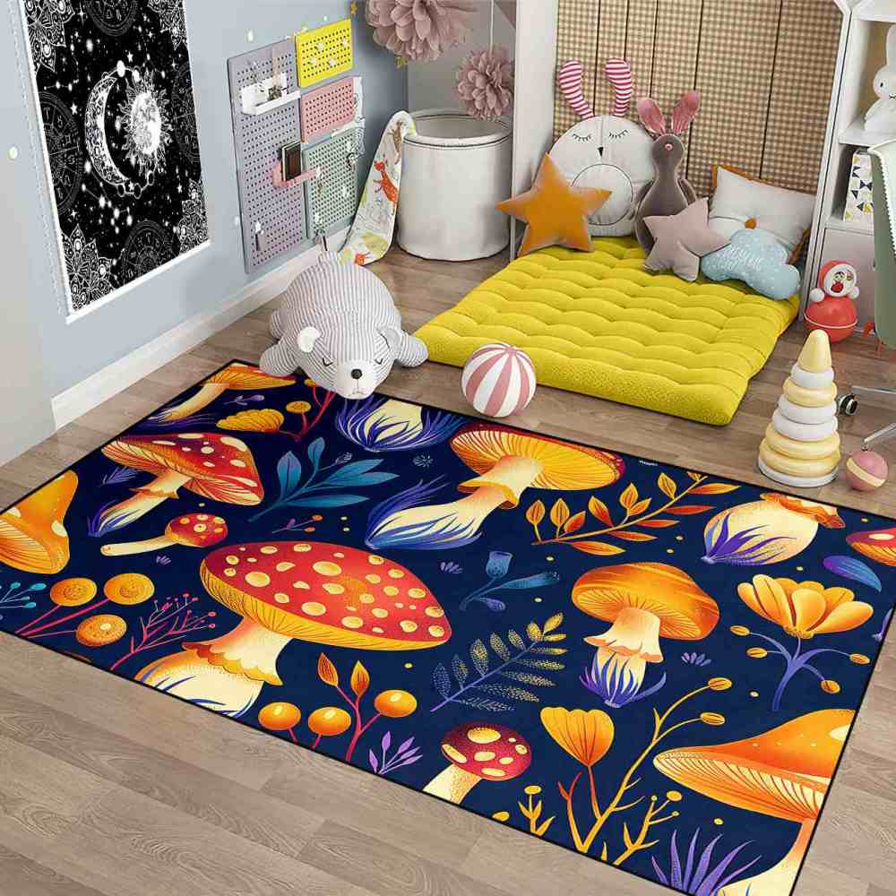 Cute Autumn Mushroom Kids Playroom Rug Navy Nursery Mat | CozyLil