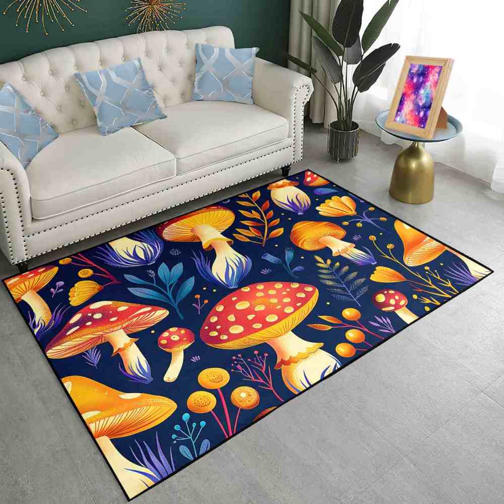 Cute Autumn Mushroom Kids Playroom Rug Navy Nursery Mat | CozyLil
