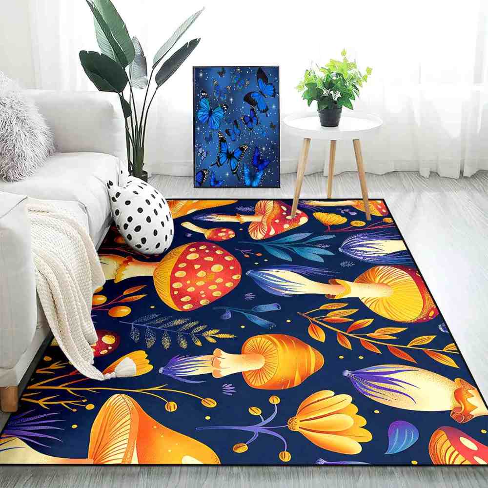 Cute Autumn Mushroom Kids Playroom Rug Navy Nursery Mat | CozyLil