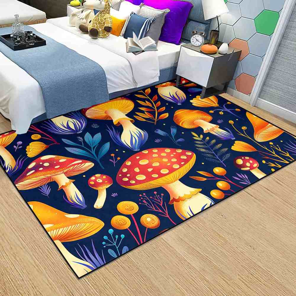 Cute Autumn Mushroom Kids Playroom Rug Navy Nursery Mat | CozyLil