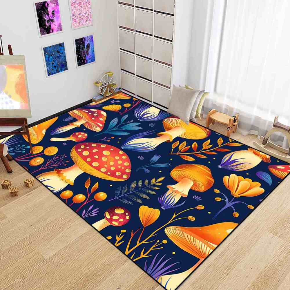 Cute Autumn Mushroom Kids Playroom Rug Navy Nursery Mat | CozyLil