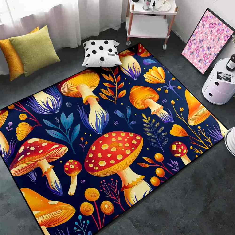 Cute Autumn Mushroom Kids Playroom Rug Navy Nursery Mat | CozyLil