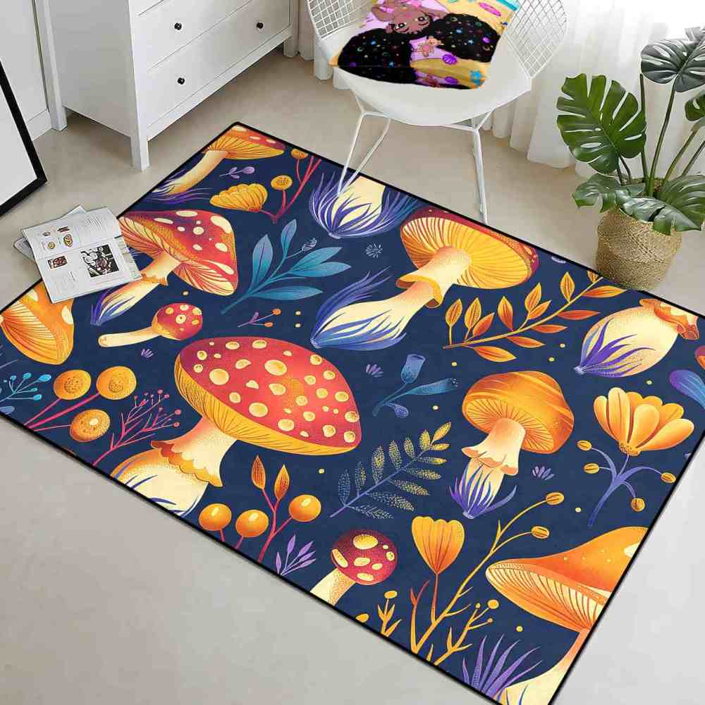 Cute Autumn Mushroom Kids Playroom Rug Navy Nursery Mat | CozyLil