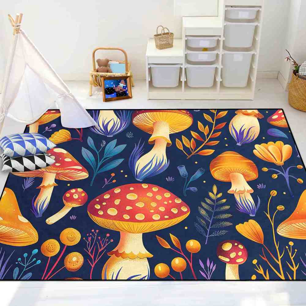 Cute Autumn Mushroom Kids Playroom Rug Navy Nursery Mat | CozyLil