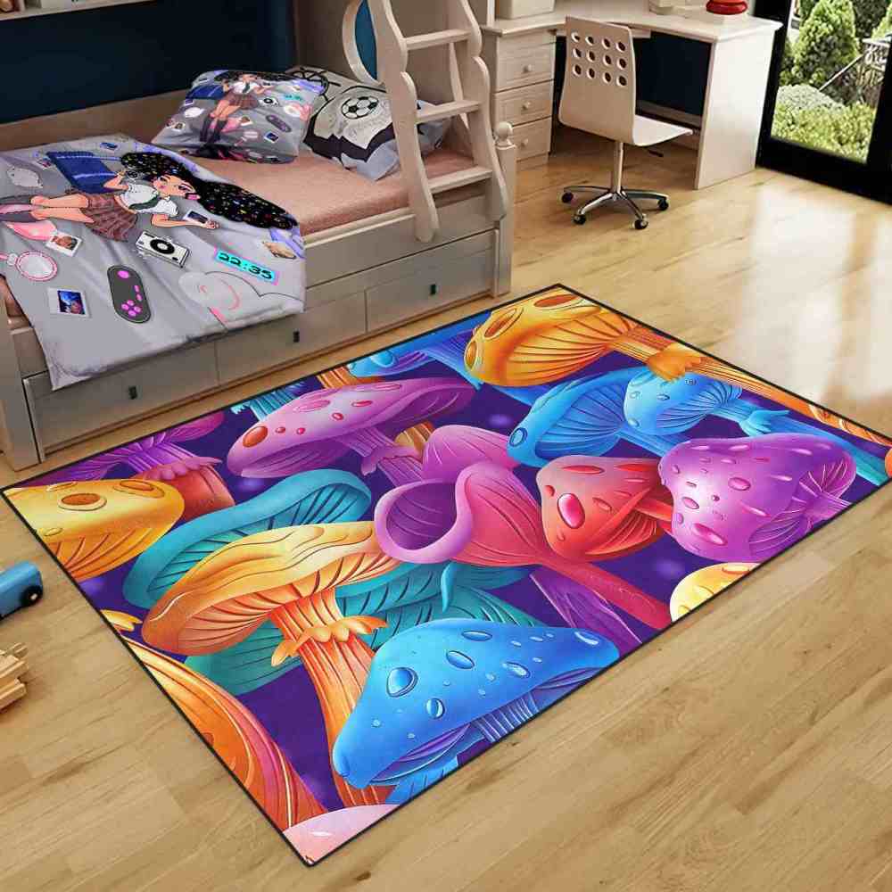 Colorful Cartoon Mushroom Forest Kids Playroom Area Rug | CozyLil
