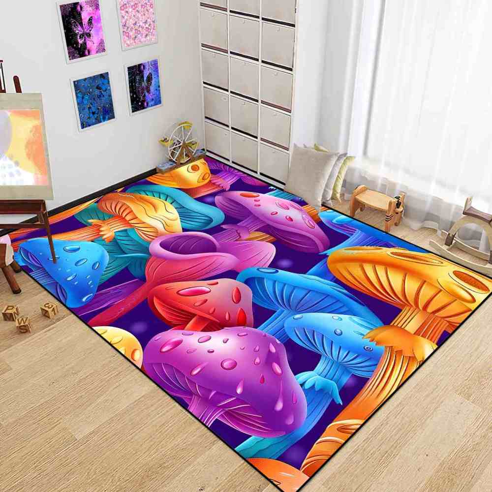 Colorful Cartoon Mushroom Forest Kids Playroom Area Rug | CozyLil