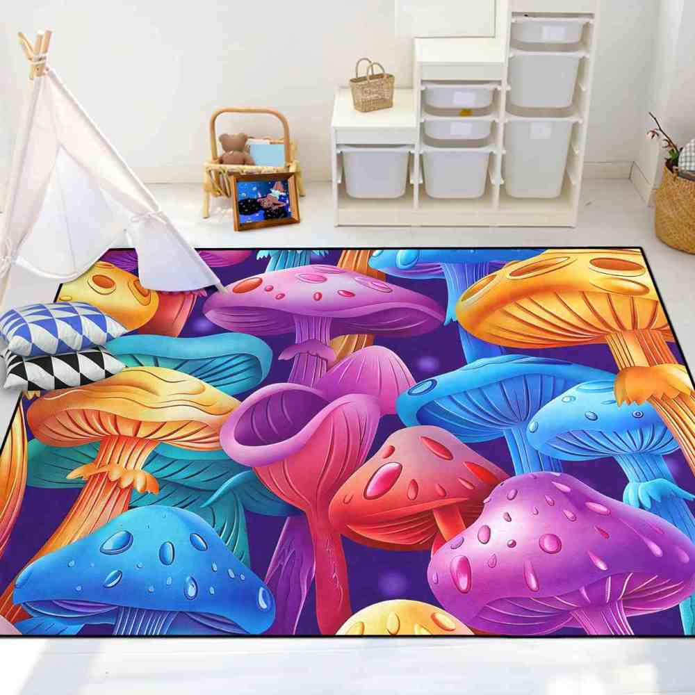 Colorful Cartoon Mushroom Forest Kids Playroom Area Rug | CozyLil