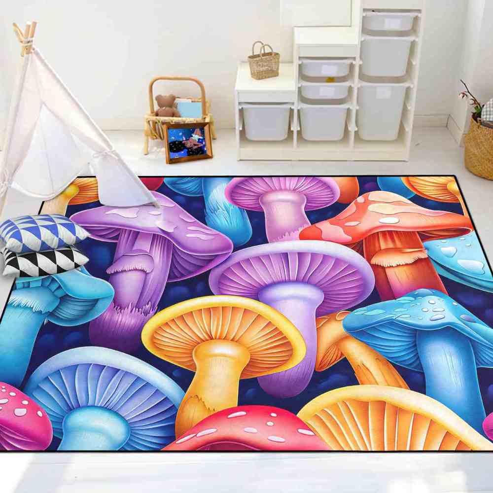 Pastel Whimsical Mushroom Cluster Girls Nursery Area Rug | CozyLil