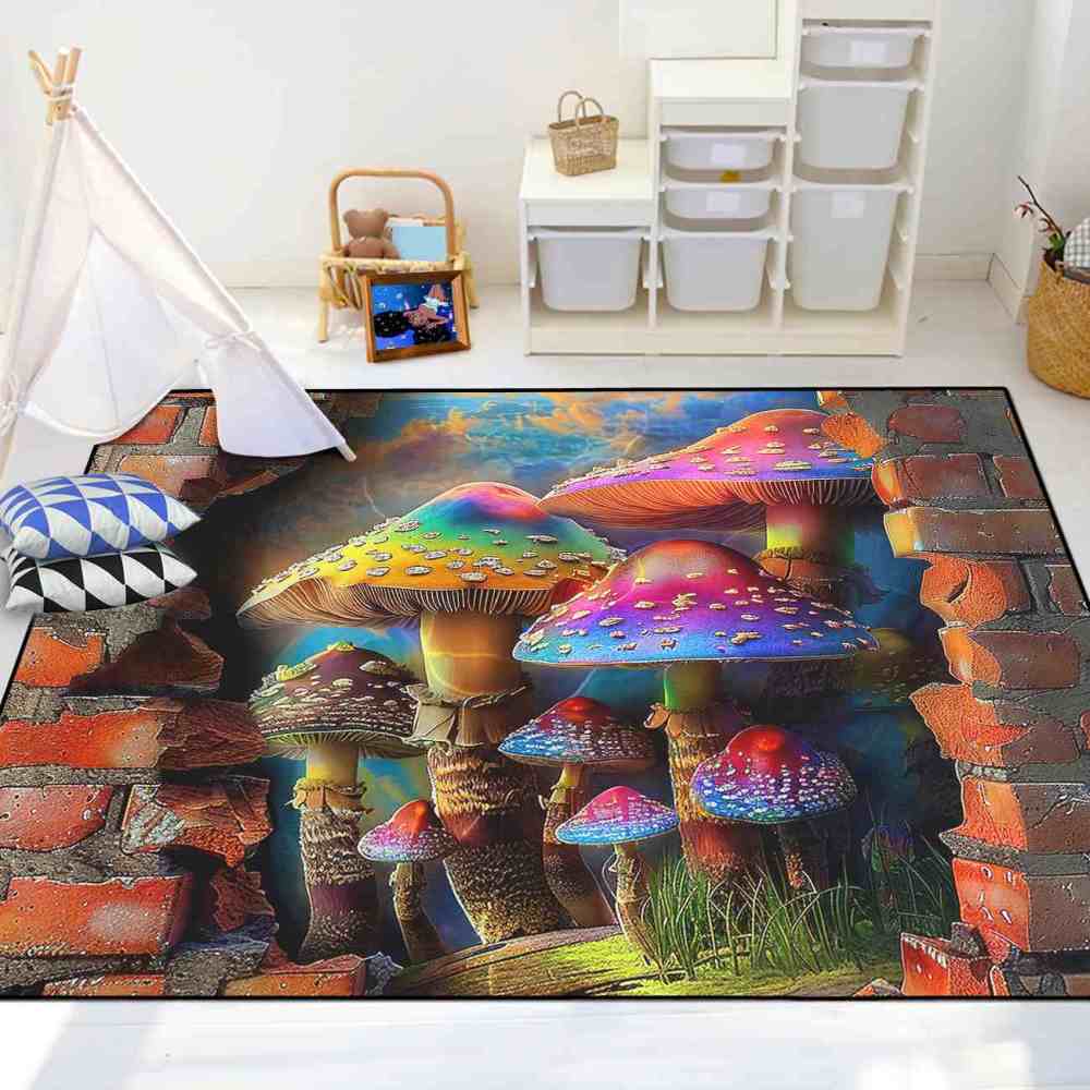 Fantasy Brick Wall Mushroom Adventure Boys Playroom Rug | CozyLil