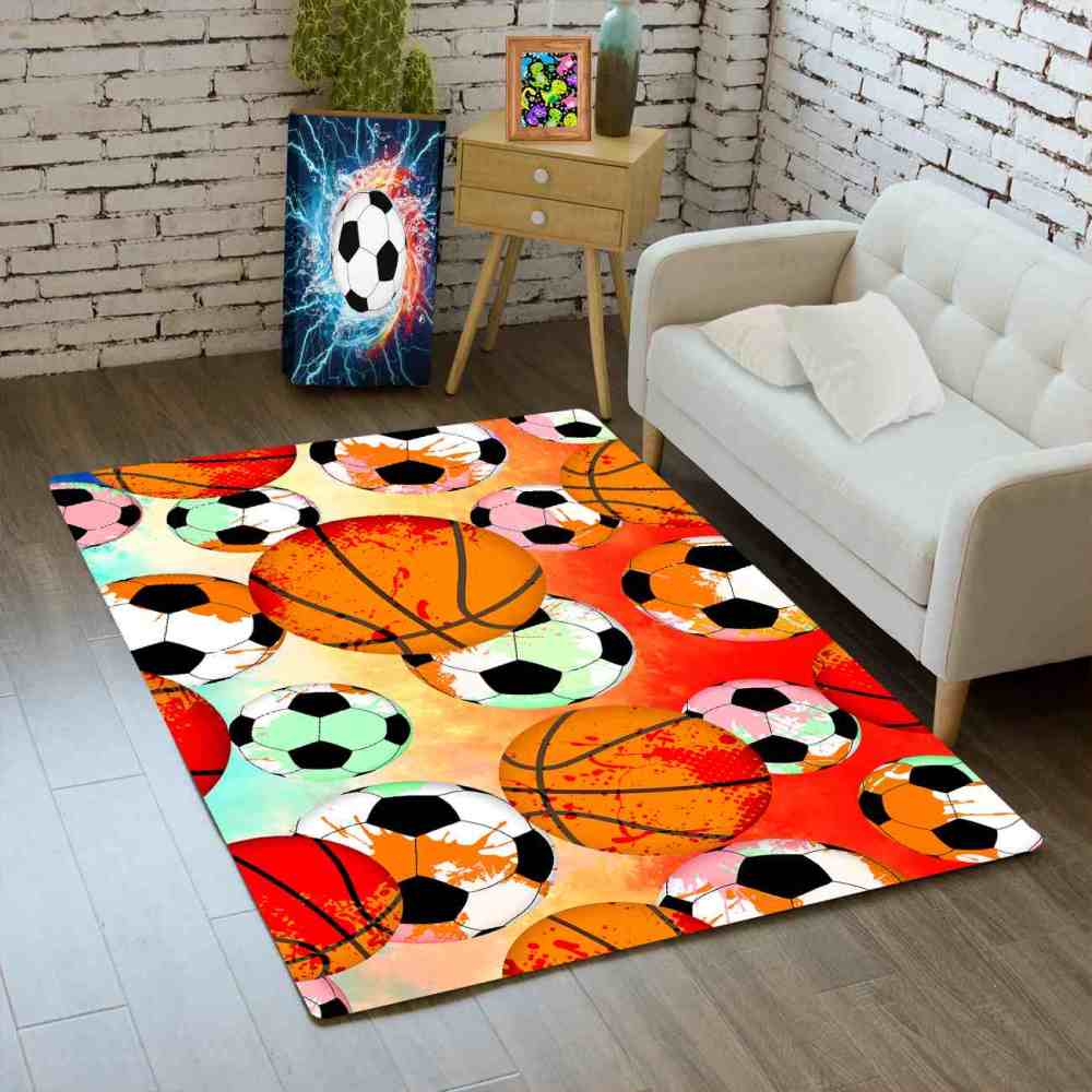 Colorful Splatter Soccer & Basketball Area Rug Kids Playroom Mat | CozyLil