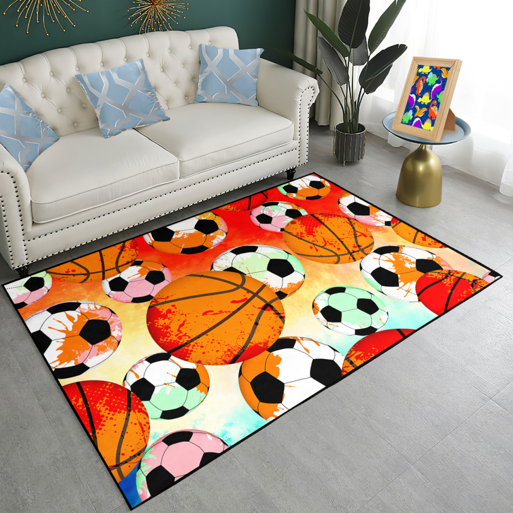 Colorful Splatter Soccer & Basketball Area Rug Kids Playroom Mat | CozyLil