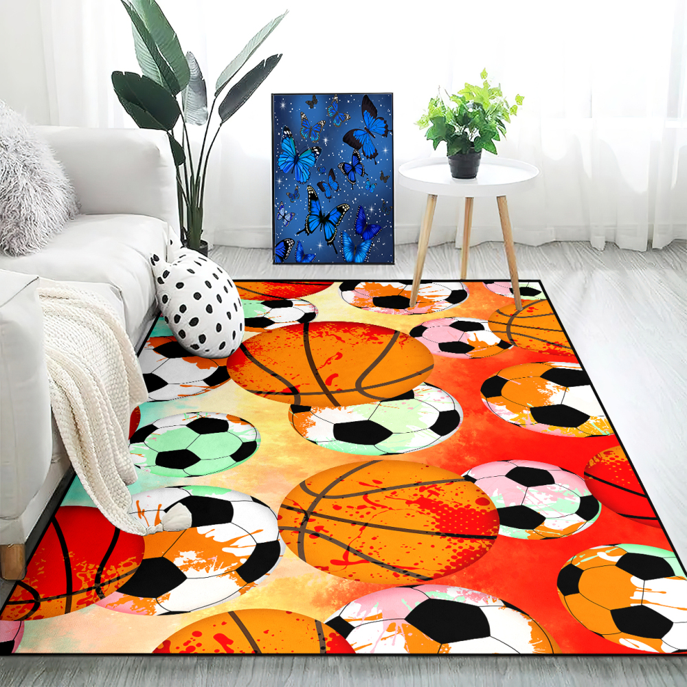 Colorful Splatter Soccer & Basketball Area Rug Kids Playroom Mat | CozyLil