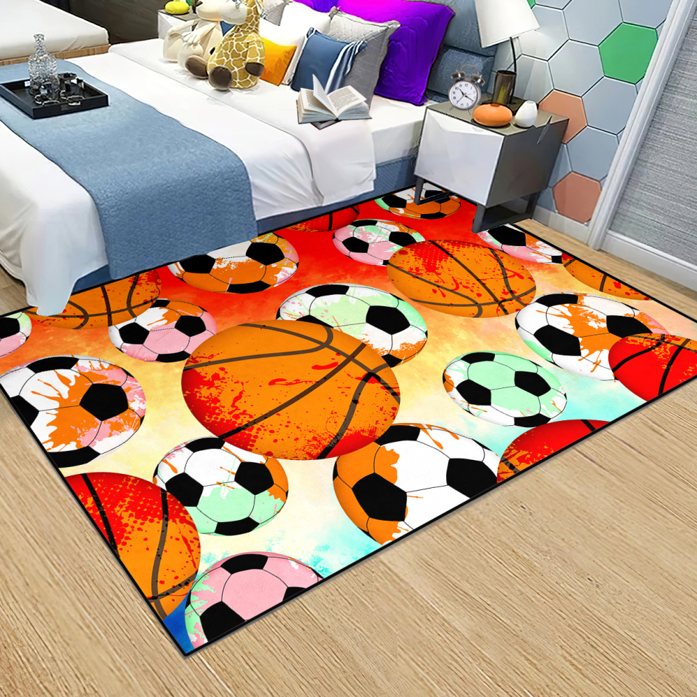 Colorful Splatter Soccer & Basketball Area Rug Kids Playroom Mat | CozyLil