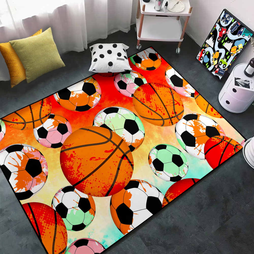 Colorful Splatter Soccer & Basketball Area Rug Kids Playroom Mat | CozyLil