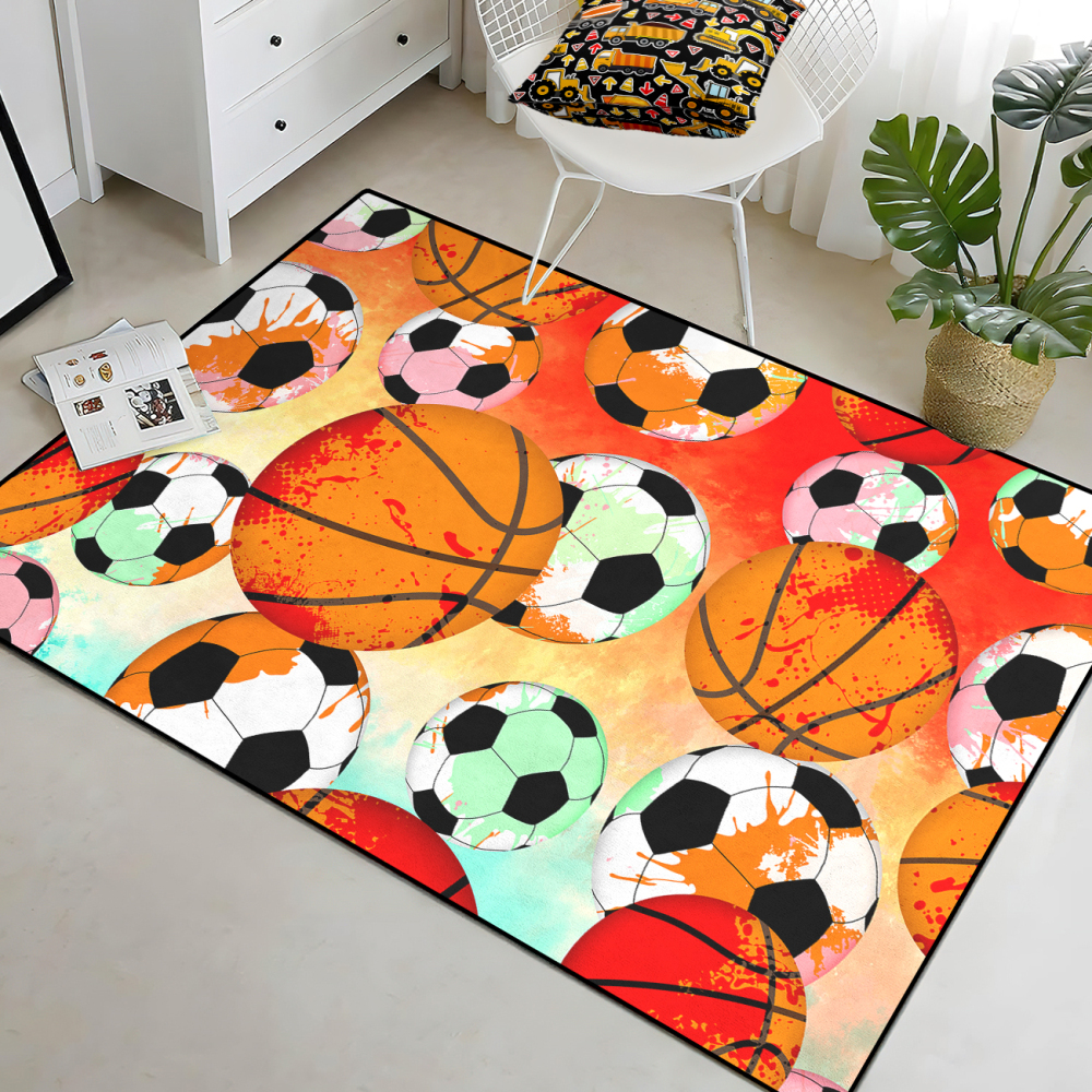 Colorful Splatter Soccer & Basketball Area Rug Kids Playroom Mat | CozyLil