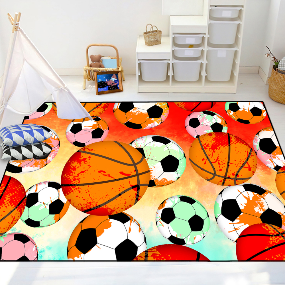 Colorful Splatter Soccer & Basketball Area Rug Kids Playroom Mat | CozyLil