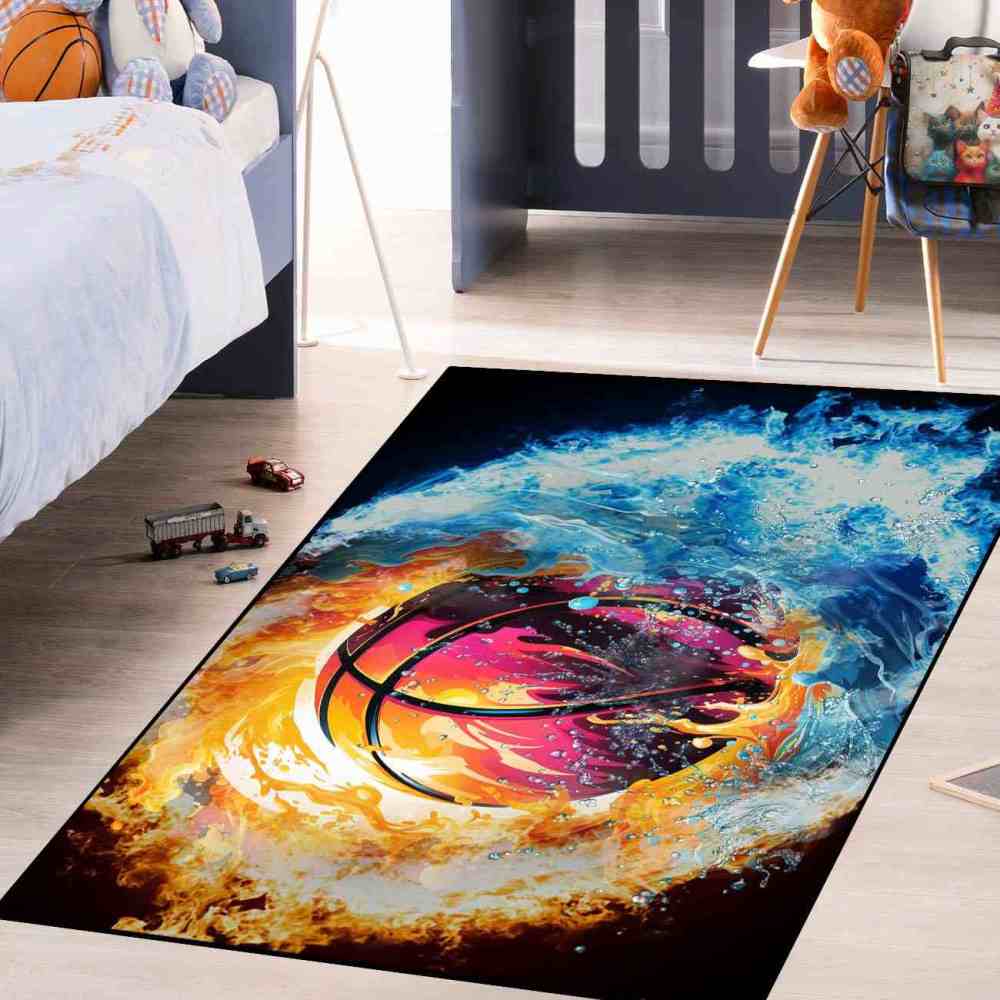 Fire and Water Basketball Area Rug Boys Bedroom Decor | CozyLil