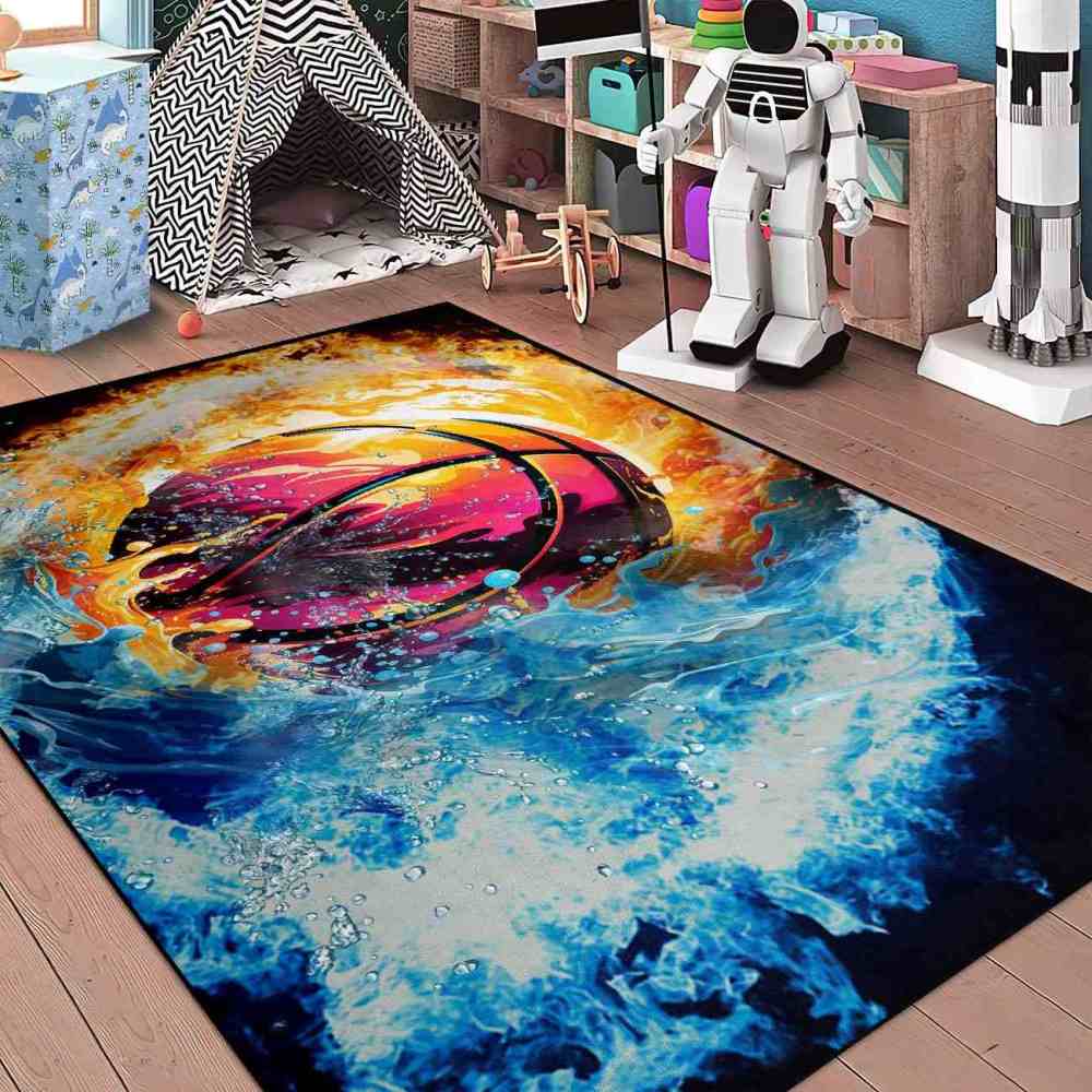 Fire and Water Basketball Area Rug Boys Bedroom Decor | CozyLil