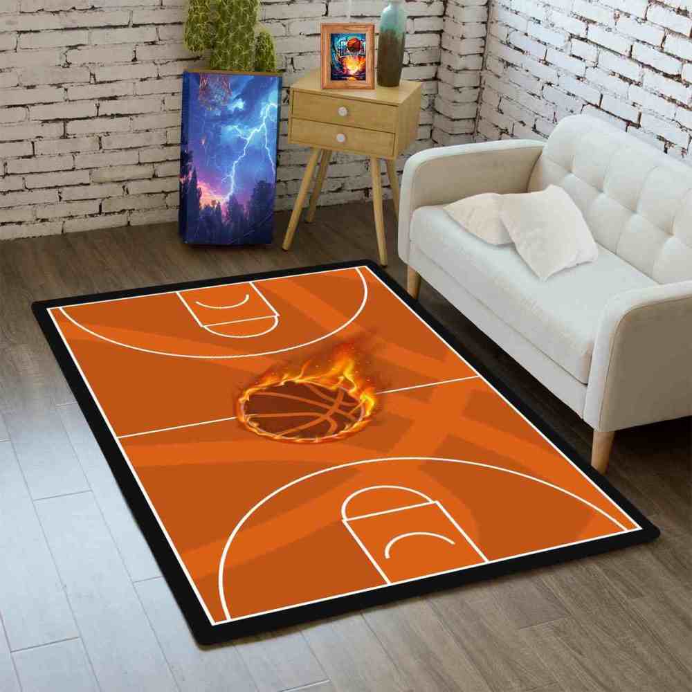 Flaming Basketball Court Area Rug Boys Bedroom Mat | CozyLil