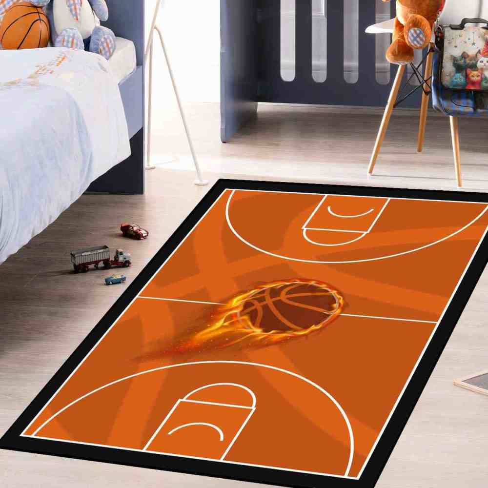 Flaming Basketball Court Area Rug Boys Bedroom Mat | CozyLil