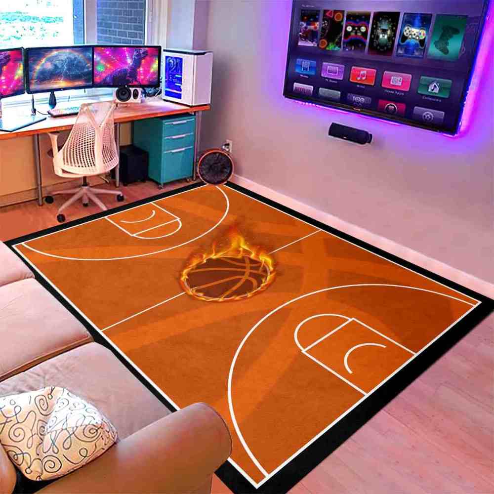 Flaming Basketball Court Area Rug Boys Bedroom Mat | CozyLil