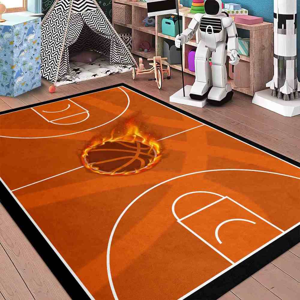 Flaming Basketball Court Area Rug Boys Bedroom Mat | CozyLil