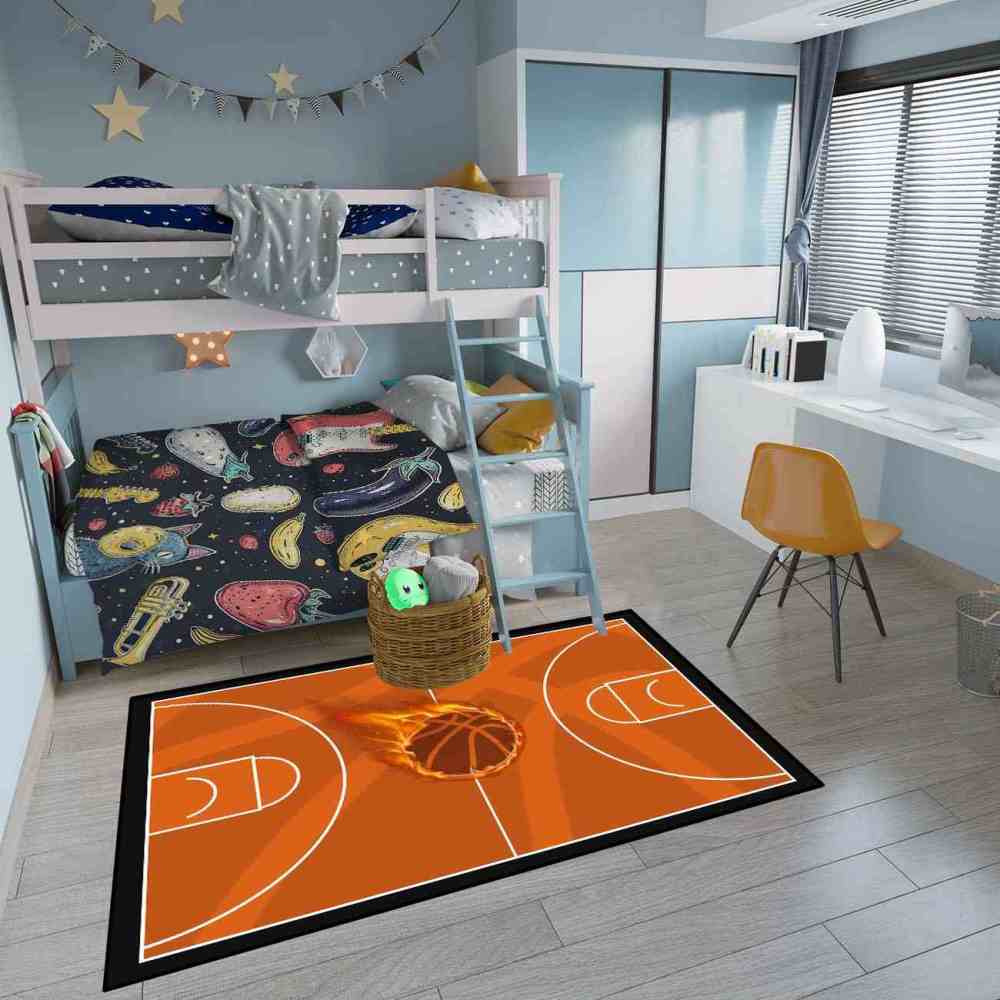 Flaming Basketball Court Area Rug Boys Bedroom Mat | CozyLil