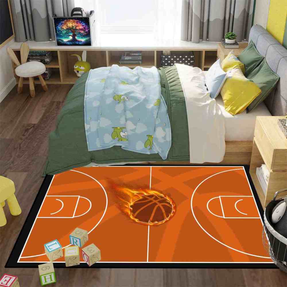 Flaming Basketball Court Area Rug Boys Bedroom Mat | CozyLil