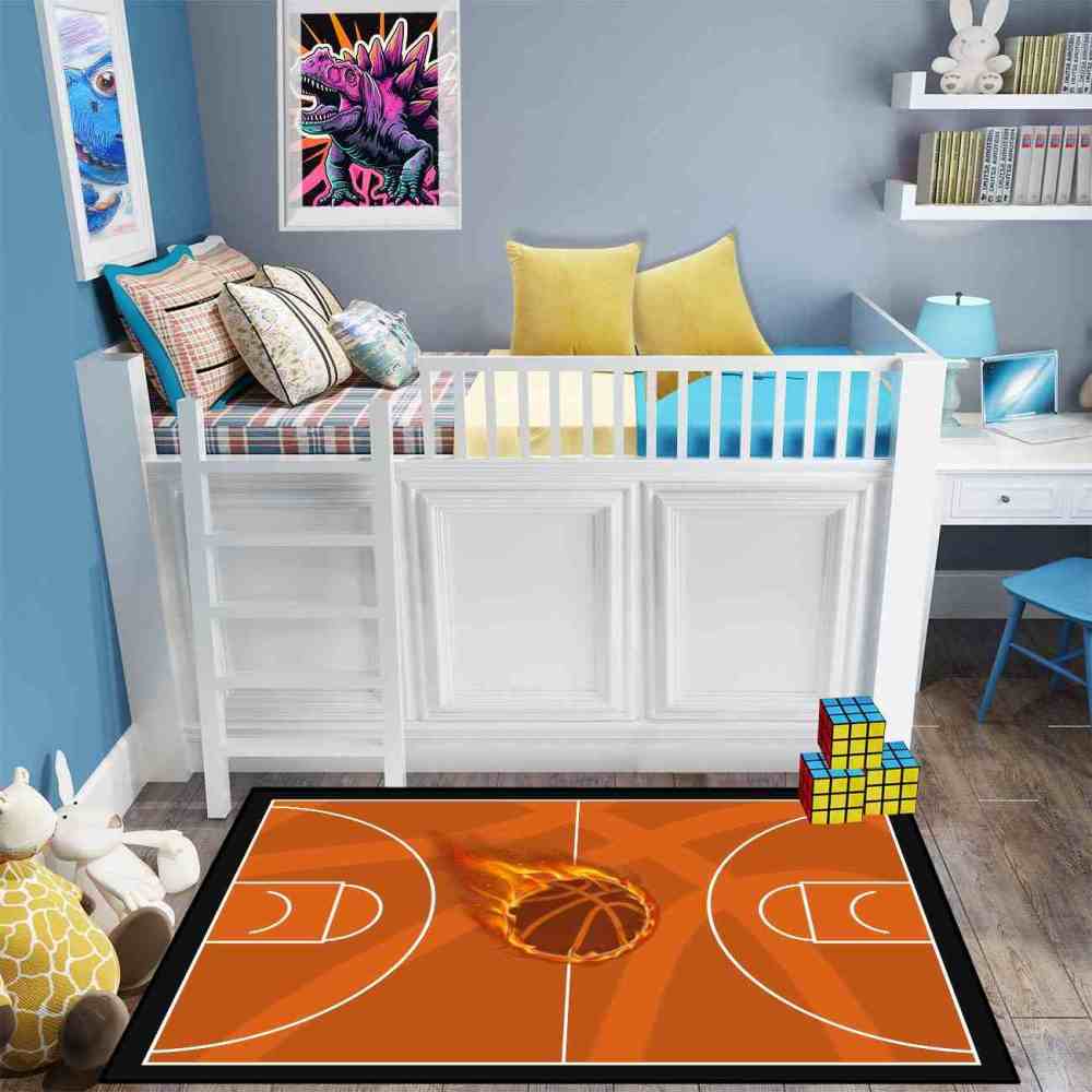 Flaming Basketball Court Area Rug Boys Bedroom Mat | CozyLil