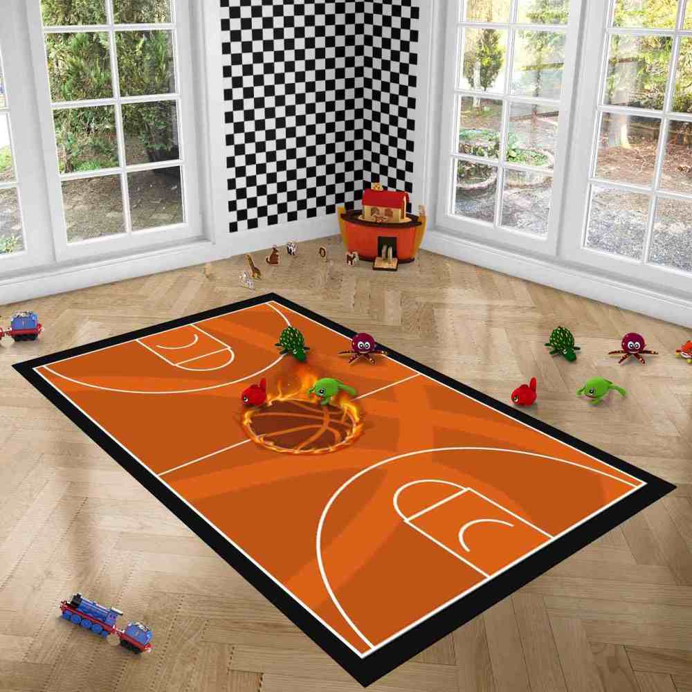 Flaming Basketball Court Area Rug Boys Bedroom Mat | CozyLil
