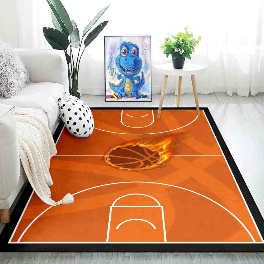 Flaming Basketball Court Area Rug Boys Bedroom Mat | CozyLil