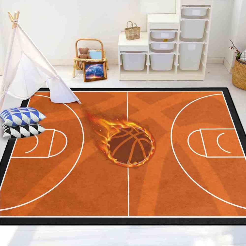 Flaming Basketball Court Area Rug Boys Bedroom Mat | CozyLil