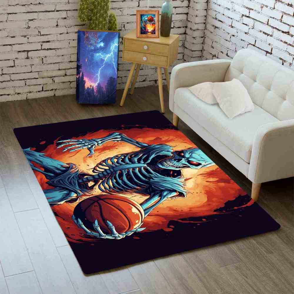 Edgy Skeleton Basketball Area Rug Teen Gamer Room Decor | CozyLil