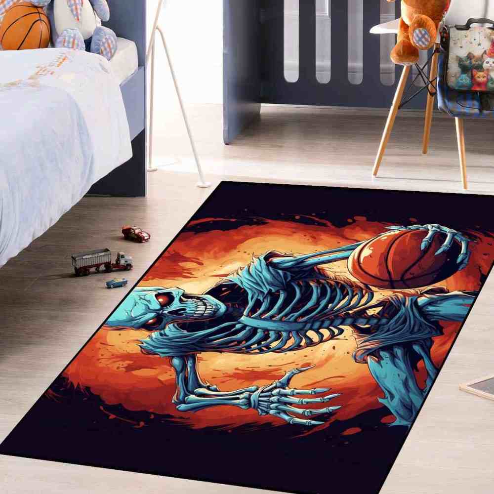 Edgy Skeleton Basketball Area Rug Teen Gamer Room Decor | CozyLil