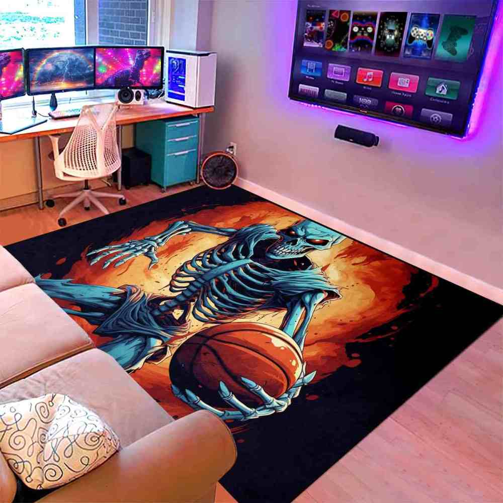 Edgy Skeleton Basketball Area Rug Teen Gamer Room Decor | CozyLil