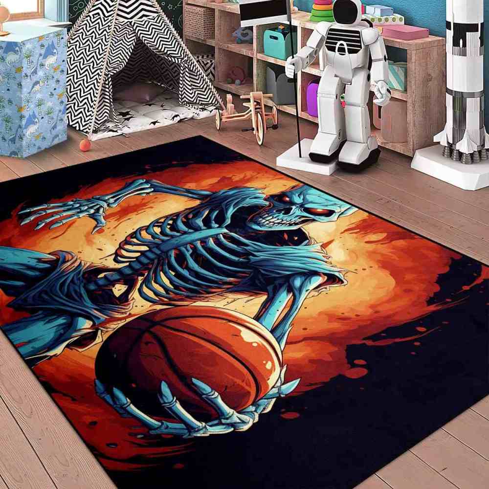 Edgy Skeleton Basketball Area Rug Teen Gamer Room Decor | CozyLil