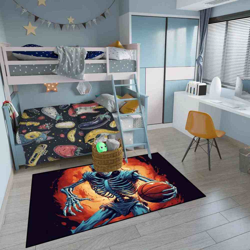 Edgy Skeleton Basketball Area Rug Teen Gamer Room Decor | CozyLil