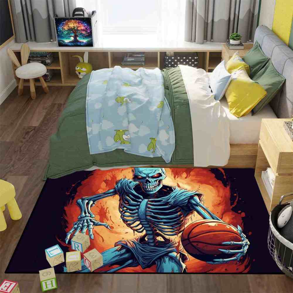 Edgy Skeleton Basketball Area Rug Teen Gamer Room Decor | CozyLil
