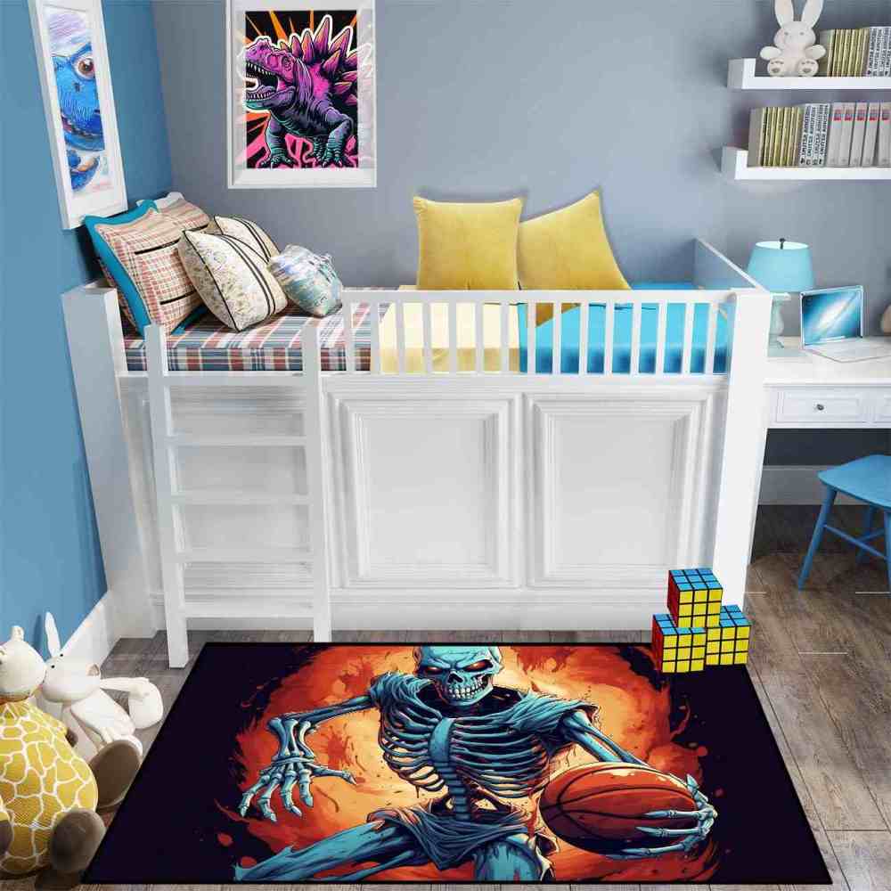 Edgy Skeleton Basketball Area Rug Teen Gamer Room Decor | CozyLil