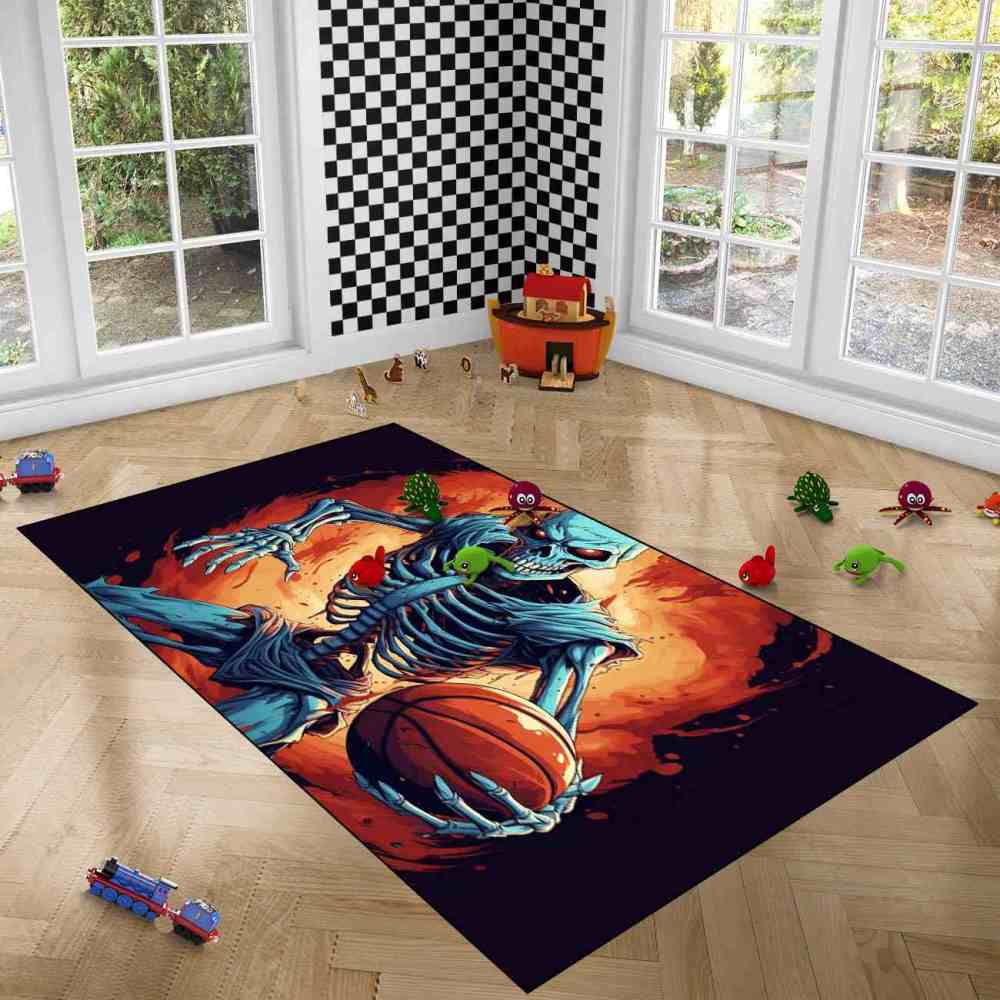 Edgy Skeleton Basketball Area Rug Teen Gamer Room Decor | CozyLil