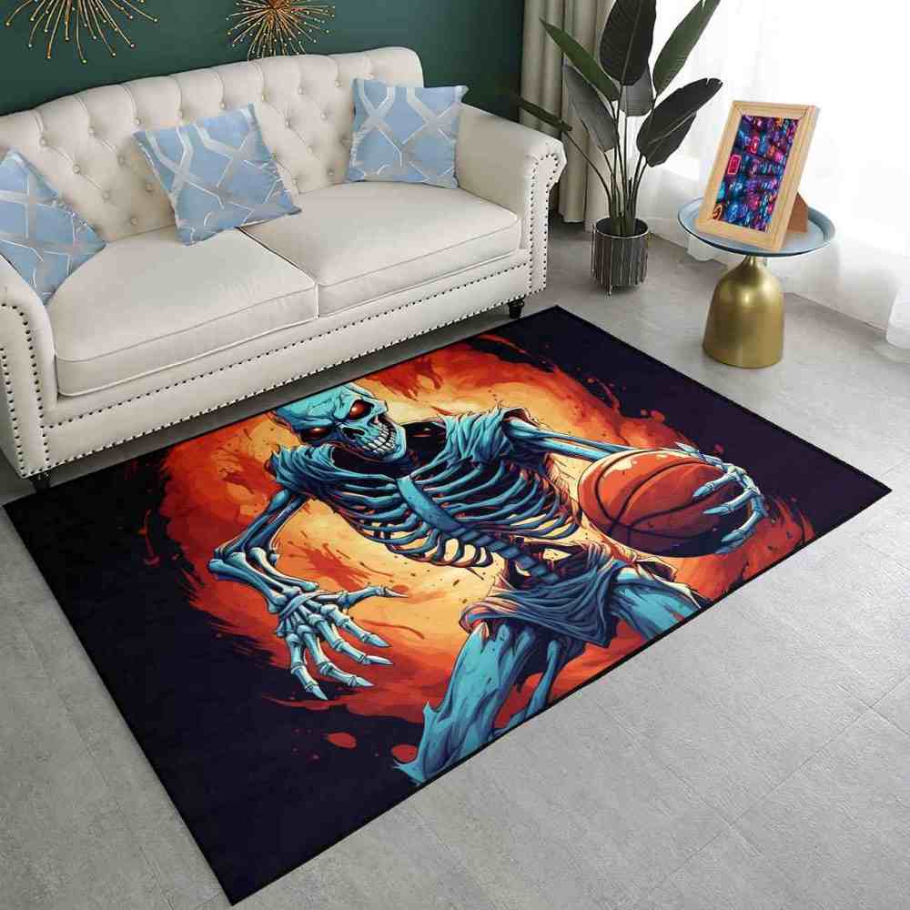 Edgy Skeleton Basketball Area Rug Teen Gamer Room Decor | CozyLil