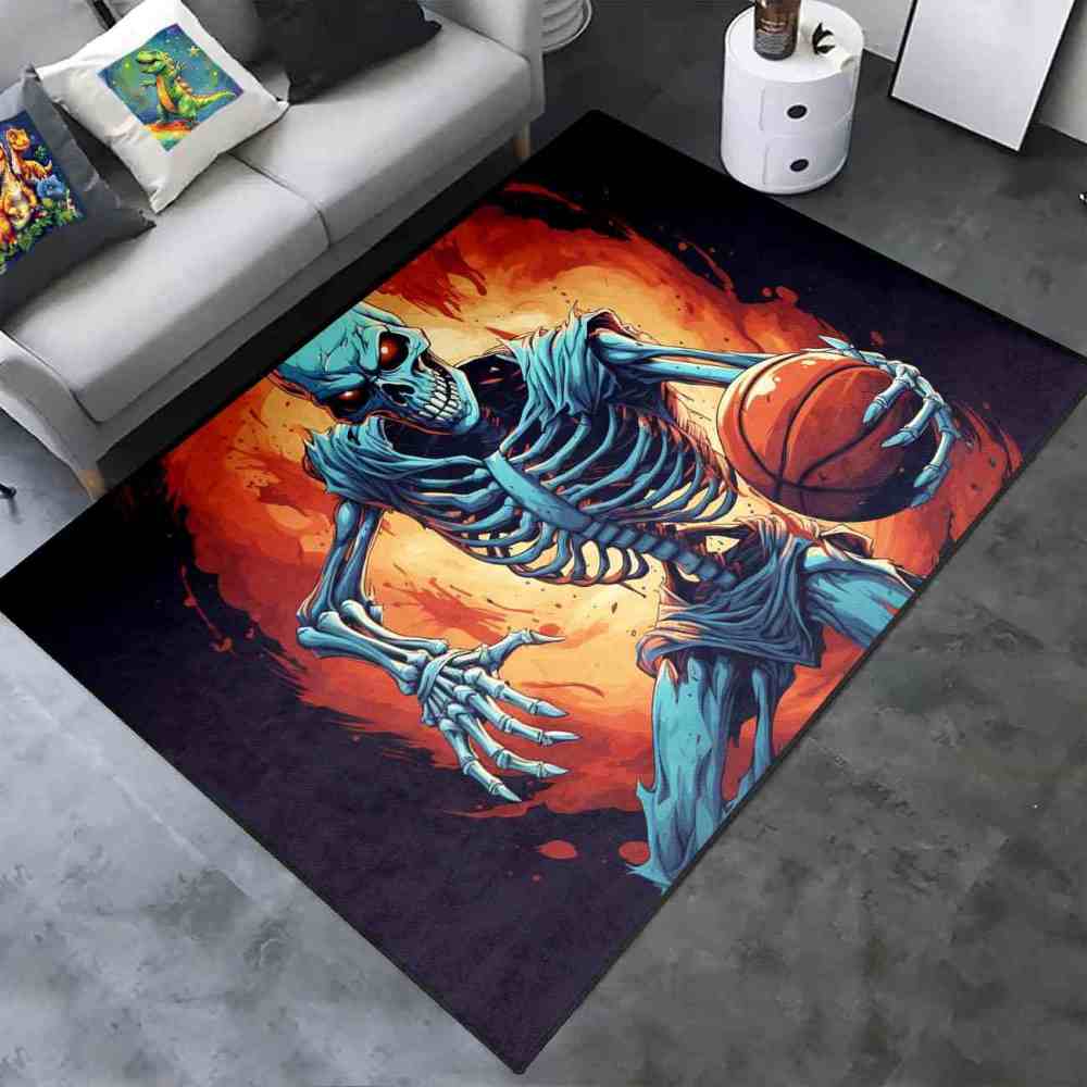 Edgy Skeleton Basketball Area Rug Teen Gamer Room Decor | CozyLil