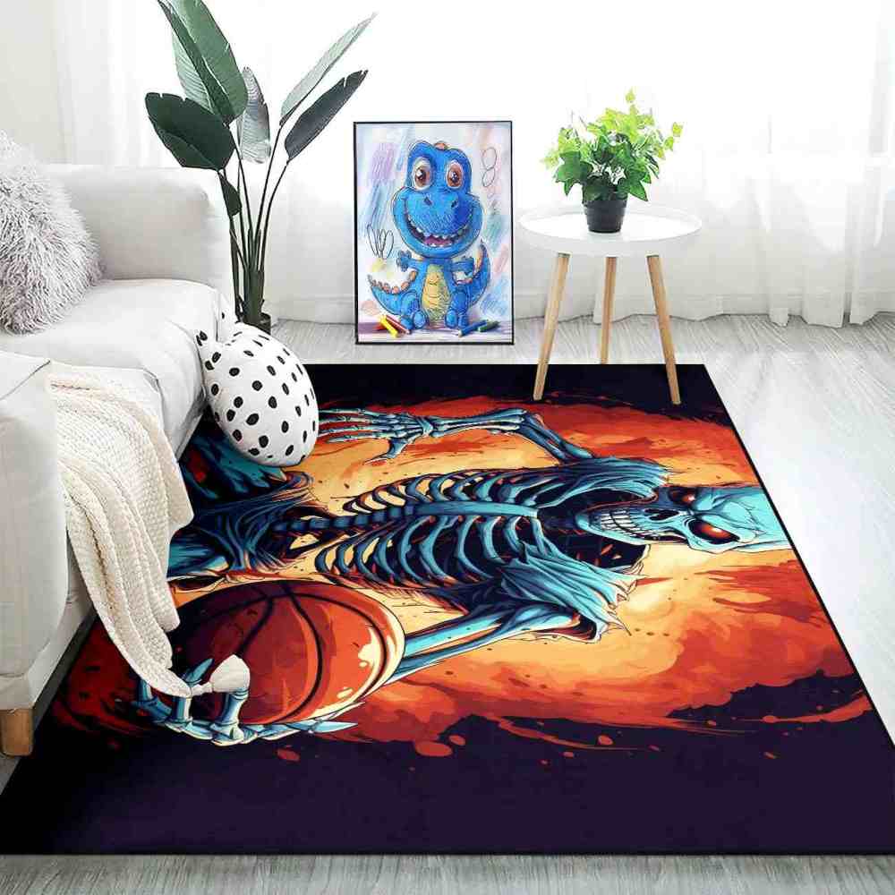 Edgy Skeleton Basketball Area Rug Teen Gamer Room Decor | CozyLil