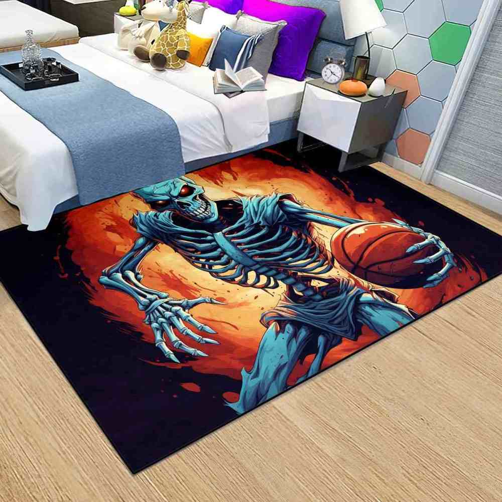 Edgy Skeleton Basketball Area Rug Teen Gamer Room Decor | CozyLil