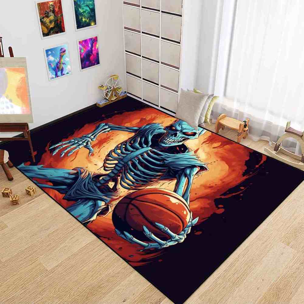 Edgy Skeleton Basketball Area Rug Teen Gamer Room Decor | CozyLil